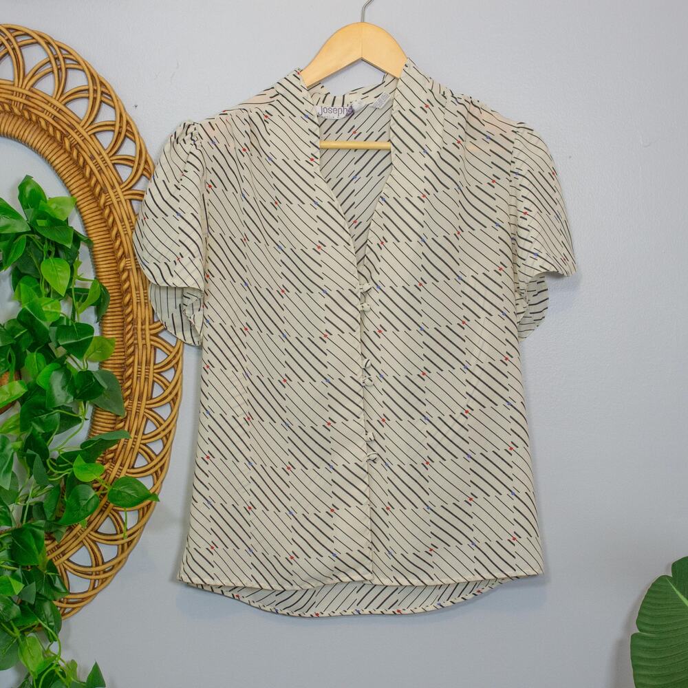 Vtg Josephine Blouse Diagonal Grid Print Puff Sleeve Button Top | Dark Winter
